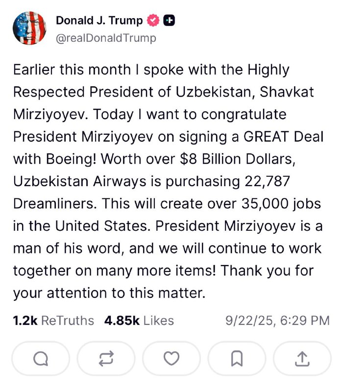 АҚШ Президенти Дональд Трамп "Truth Social" ижтимоий тармоғидаги саҳифасида қуйидаги постни ёзиб қолдирди: