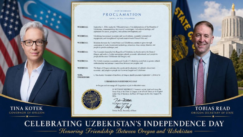 Oregon shtati 1-sentabrni “O‘zbekiston Mustaqilligi kuni” deb e’lon qildi